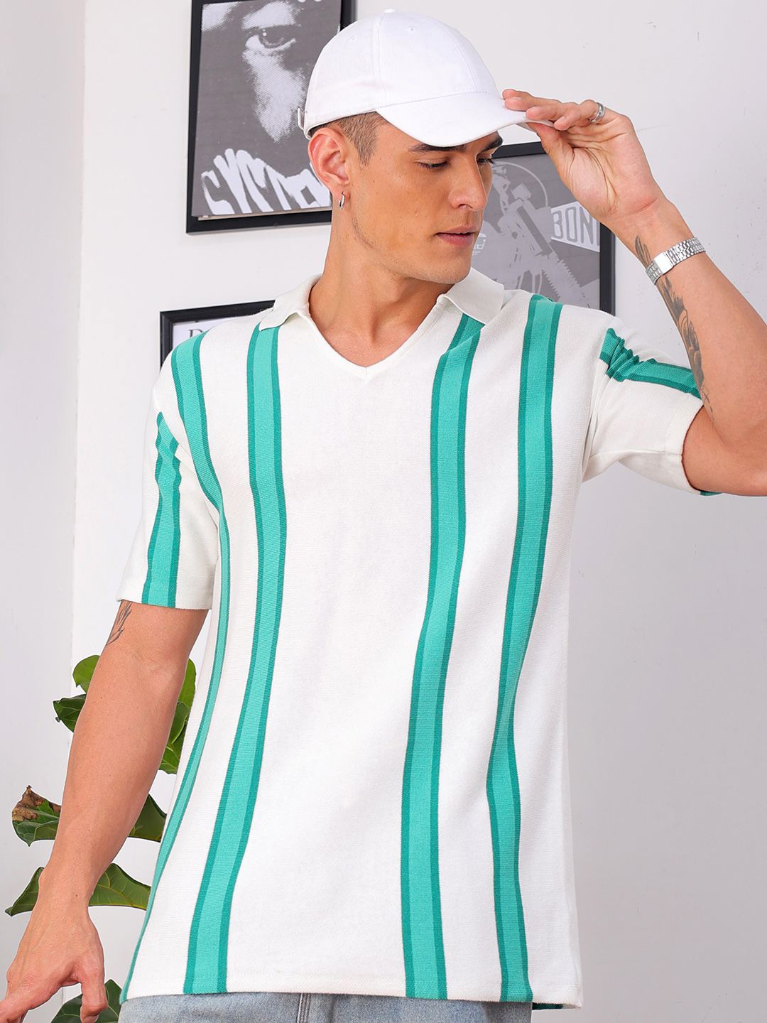 

The Indian Garage Co Men Relaxed Fit Striped Flat Knit Polo Resortwear Shirt, White