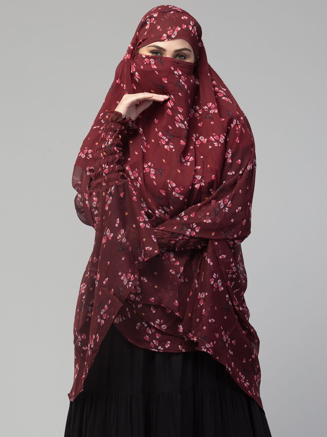 

MUSHKIYA Printed Abaya Burqua With Hijab & Attached Mouth Piece, Maroon