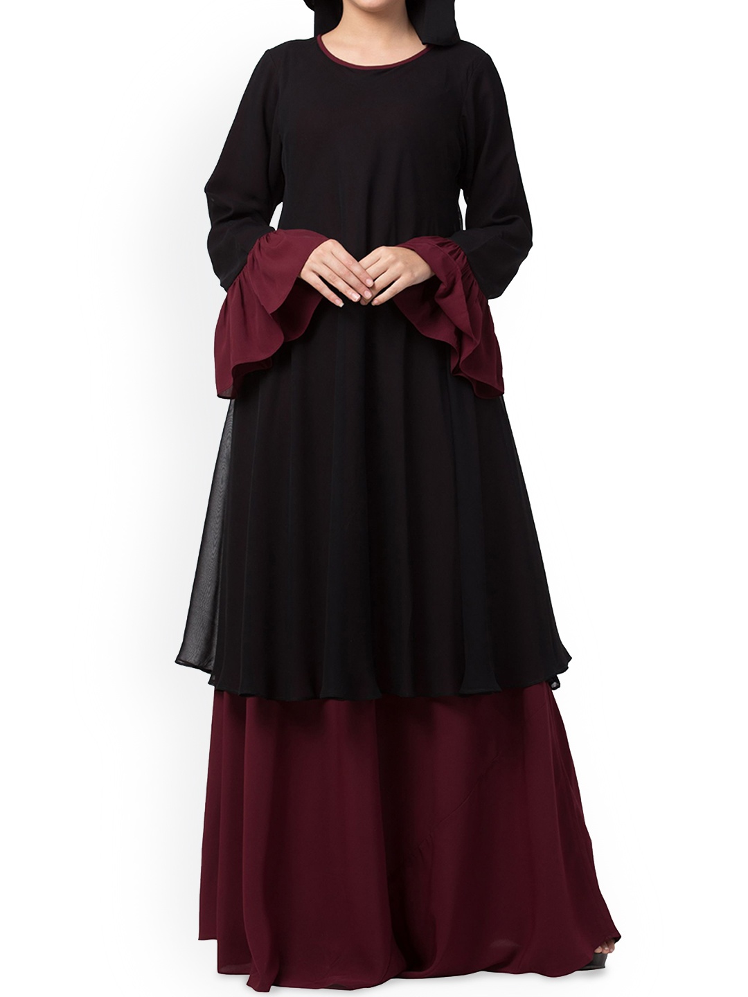 

MUSHKIYA Dual Layer Modest Abaya Burqas With Bell Sleeves, Black