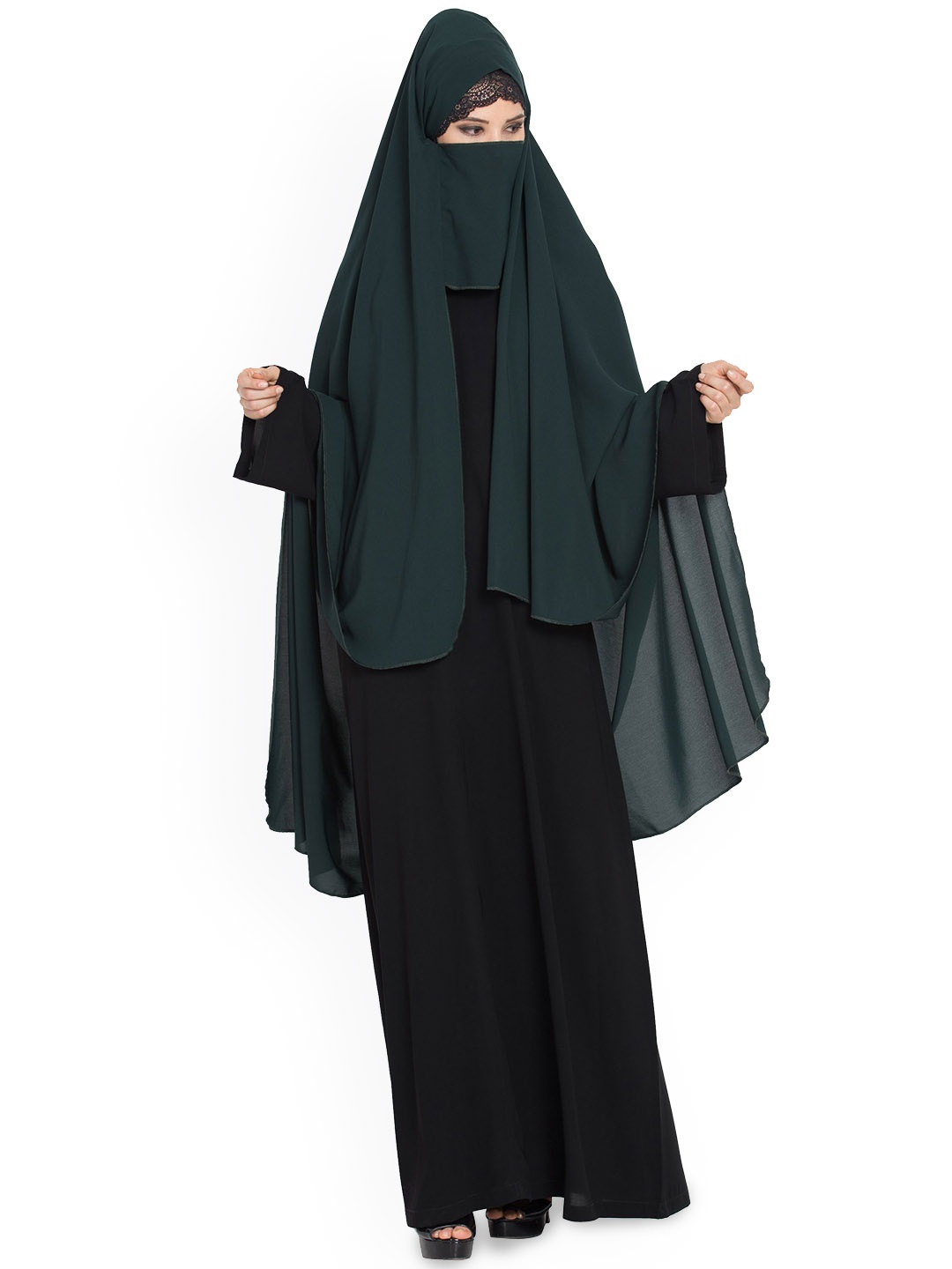 

MUSHKIYA Abaya Round Neck Burqas With Hijab & Detachable Nose Piece, Green