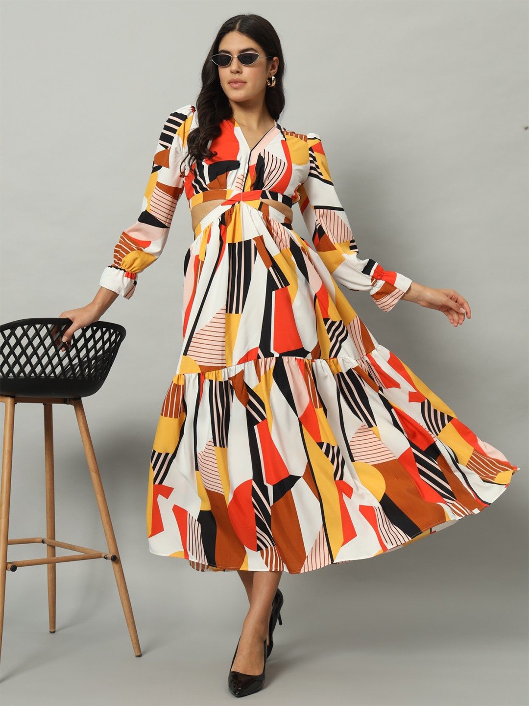 

Femvy Women Print V-Neck Cuffed Sleeves A-Line Midi Dress, Yellow