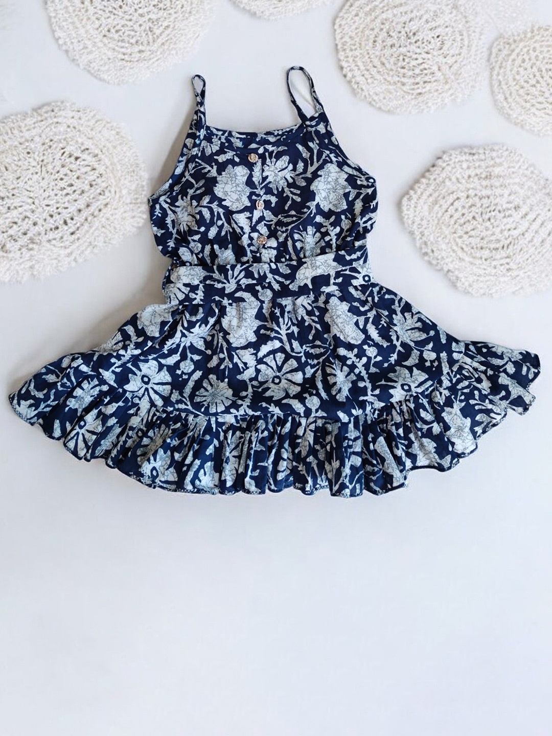 

LYTIX Girls Floral Printed Ruffled Fit & Flare Dress, Blue