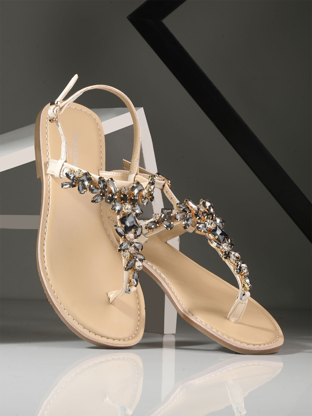 

CARLO ROMANO Women Embellished T-Strap Flats, Cream