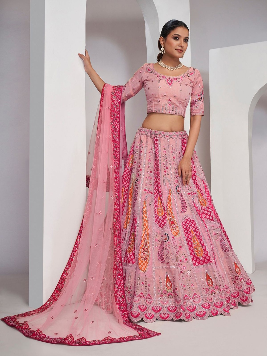

ODETTE Embellished Thread Work Semi-Stitched Lehenga & Unstitched Blouse With Dupatta, Pink