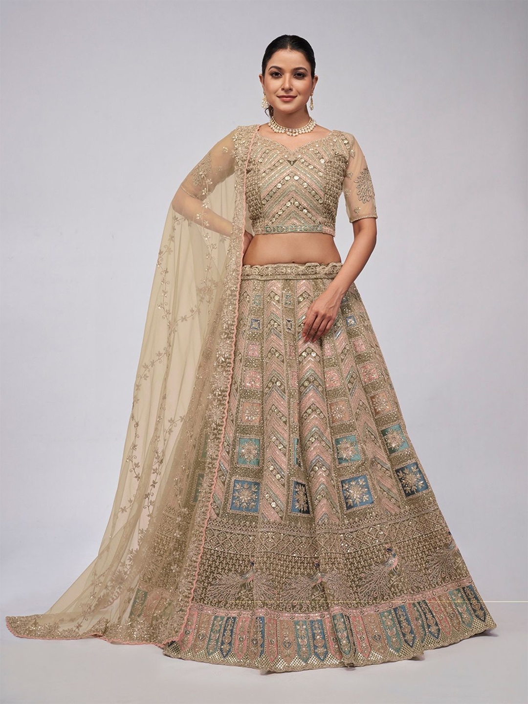 

ODETTE Embellished Beads and Stones Semi-Stitched Lehenga & Unstitched Blouse With Dupatta, Beige