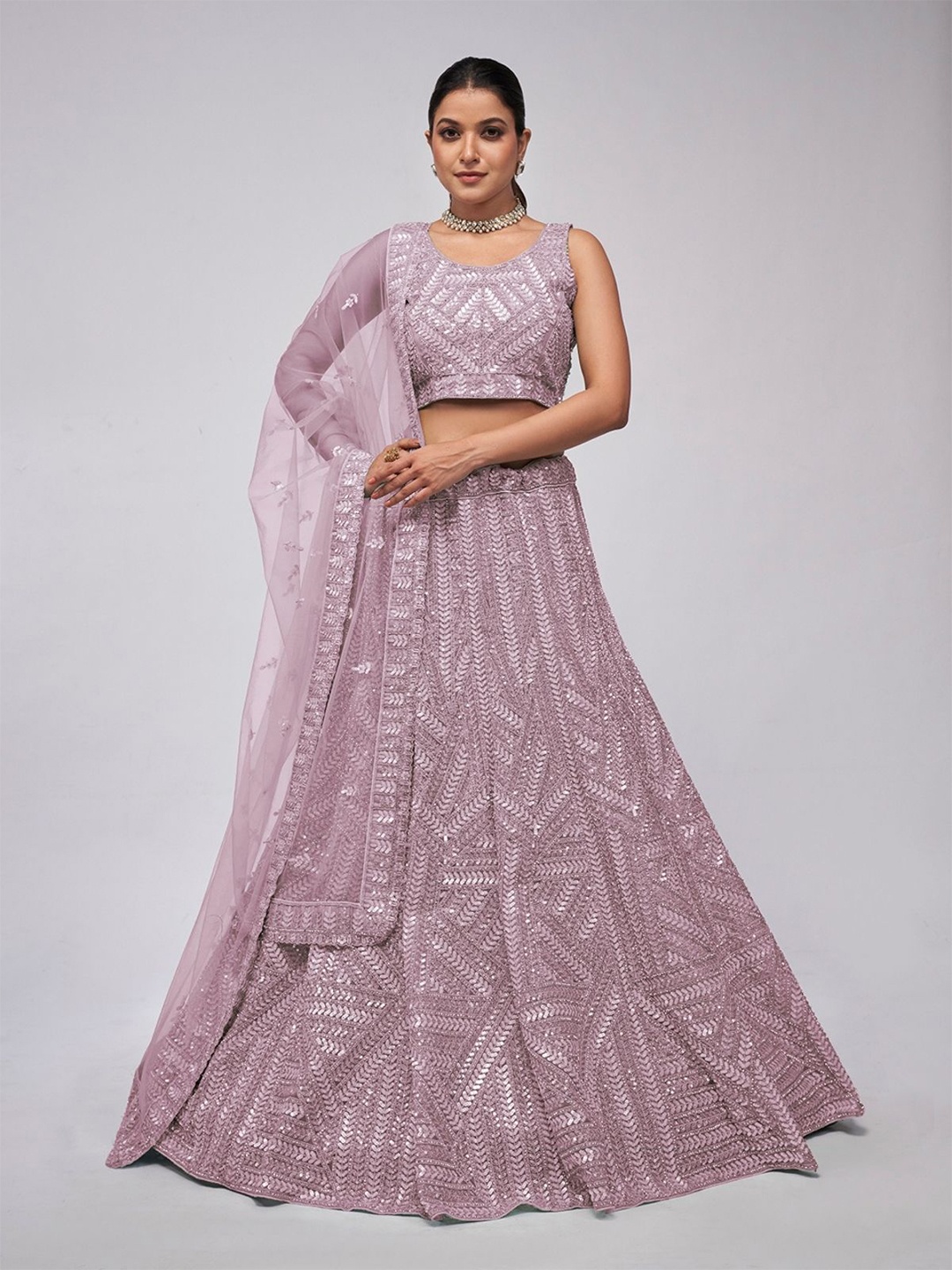 

ODETTE Embroidered Semi-Stitched Lehenga & Unstitched Blouse With Dupatta, Purple