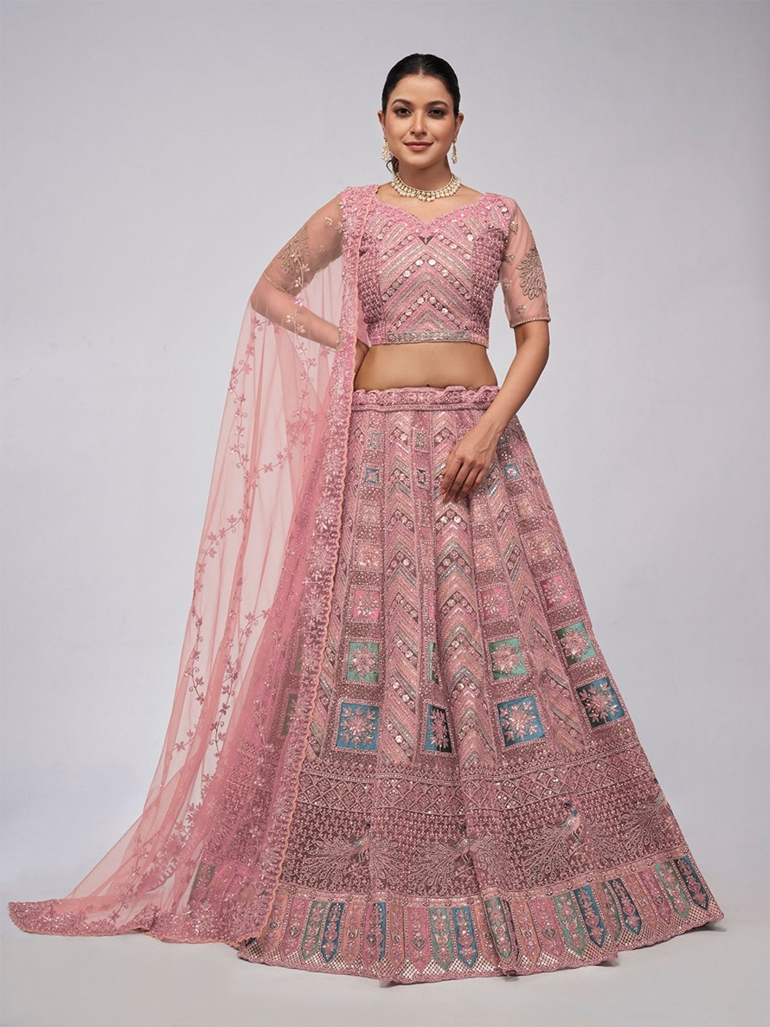 

ODETTE Embellished Sequinned Semi-Stitched Lehenga & Unstitched Blouse With Dupatta, Pink
