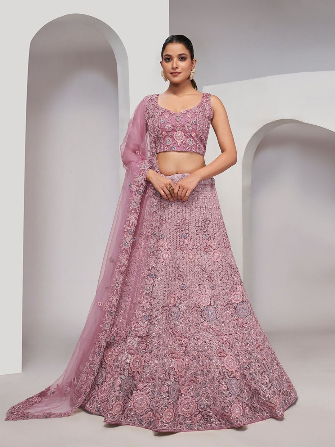 

ODETTE Embellished Beads and Stones Semi-Stitched Lehenga & Unstitched Blouse With Dupatta, Purple