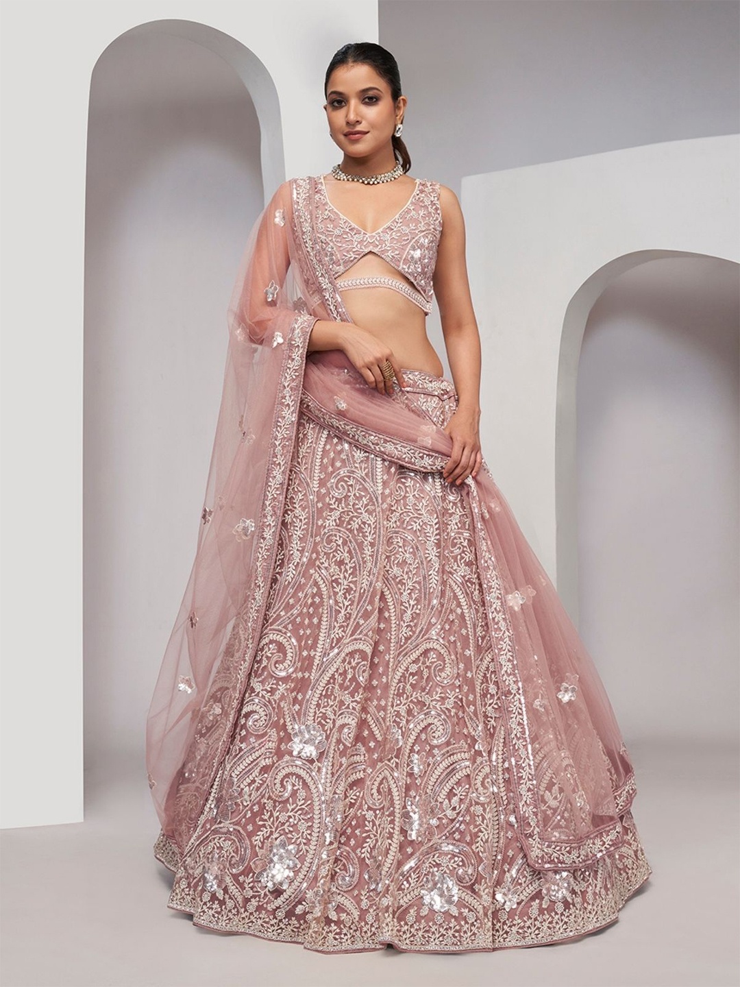

ODETTE Embroidered Semi-Stitched Lehenga & Unstitched Blouse With Dupatta, Mauve