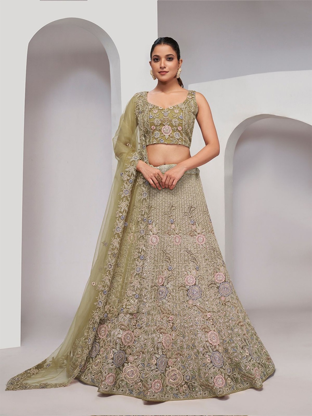 

ODETTE Embroidered Semi-Stitched Lehenga & Unstitched Blouse With Dupatta, Olive