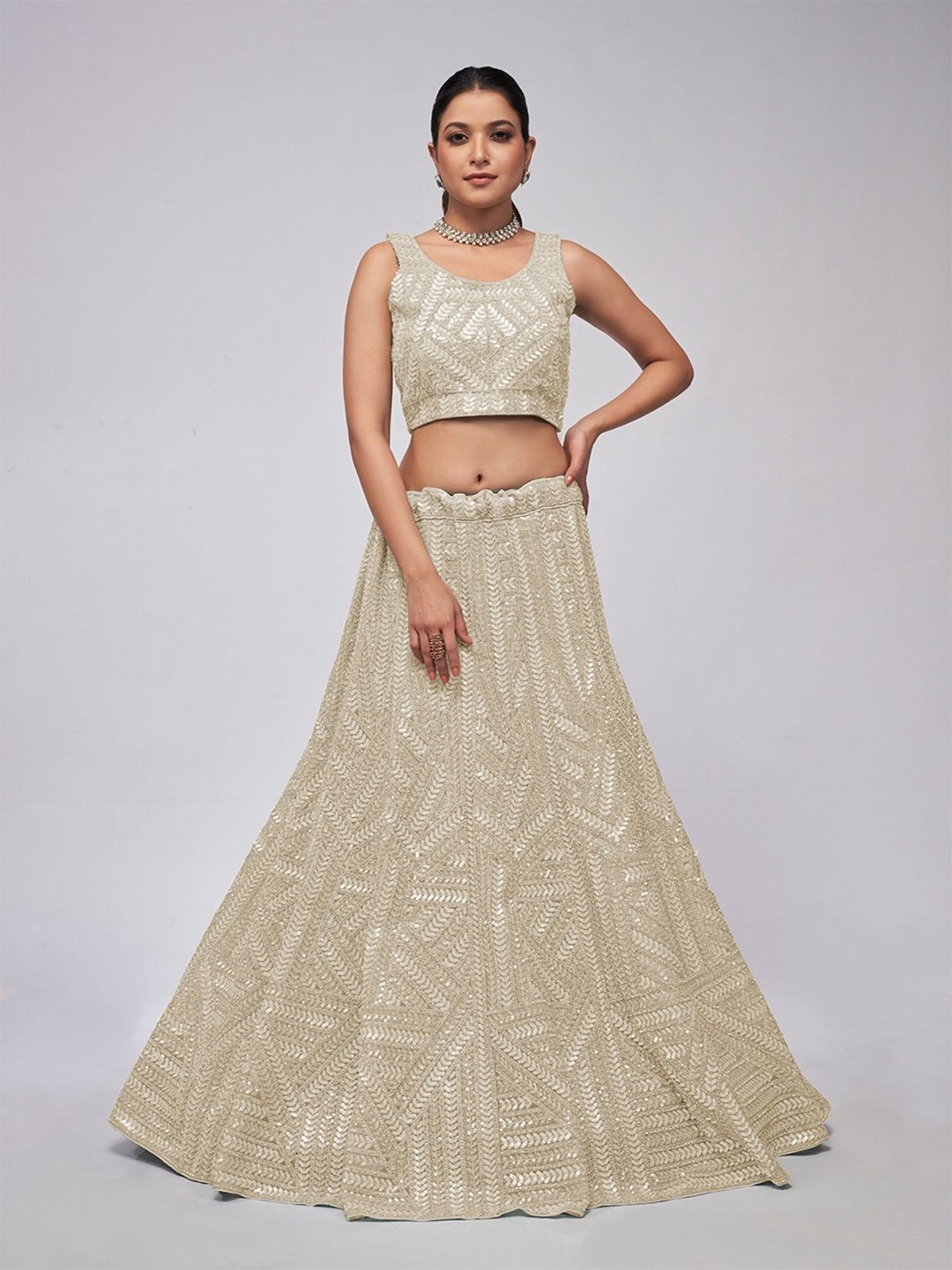 

ODETTE Embellished Beads and Stones Semi-Stitched Lehenga & Unstitched Blouse With Dupatta, Cream