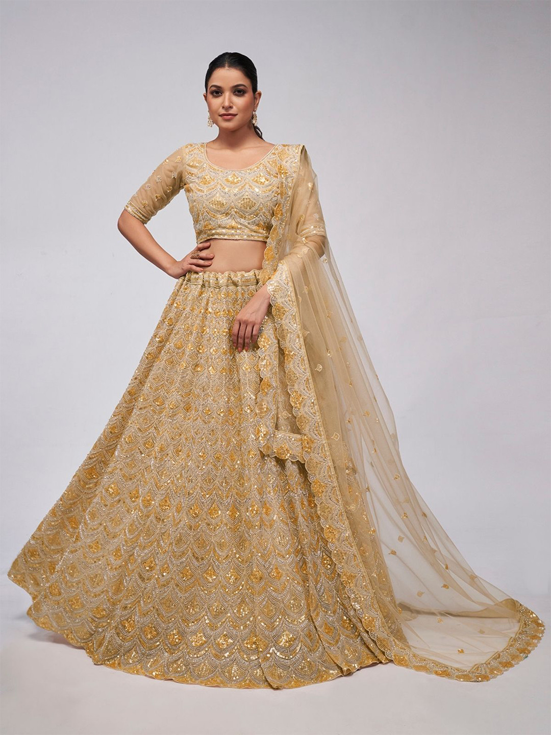 

ODETTE Embellished Sequinned Semi-Stitched Lehenga & Unstitched Blouse With Dupatta, Gold