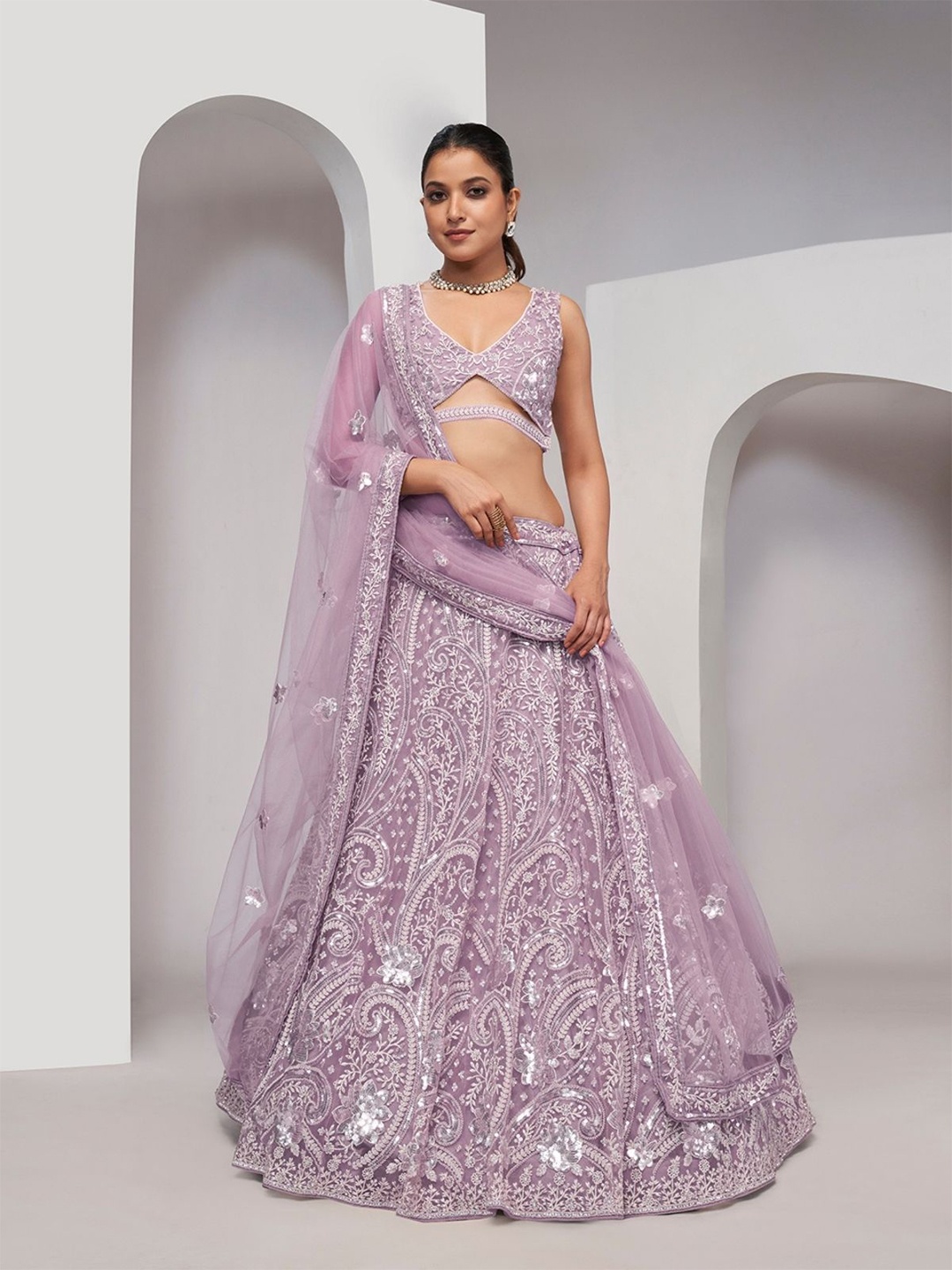 

ODETTE Embellished Beads and Stones Semi-Stitched Lehenga & Unstitched Blouse With Dupatta, Purple