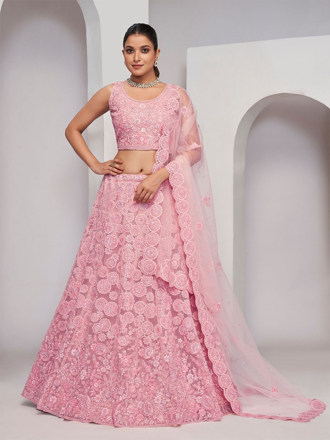 

ODETTE Embellished Beads and Stones Semi-Stitched Lehenga & Unstitched Blouse With Dupatta, Pink