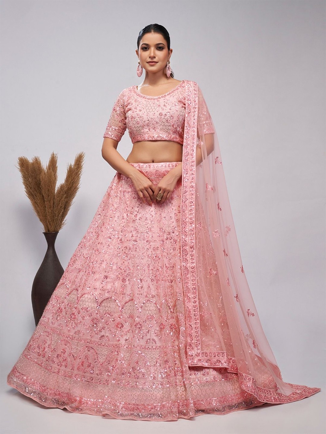 

ODETTE Embellished Sequinned Semi-Stitched Lehenga & Unstitched Blouse With Dupatta, Pink