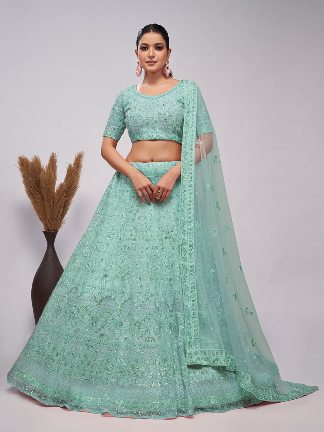 

ODETTE Embellished Sequinned Semi-Stitched Lehenga & Unstitched Blouse With Dupatta, Green