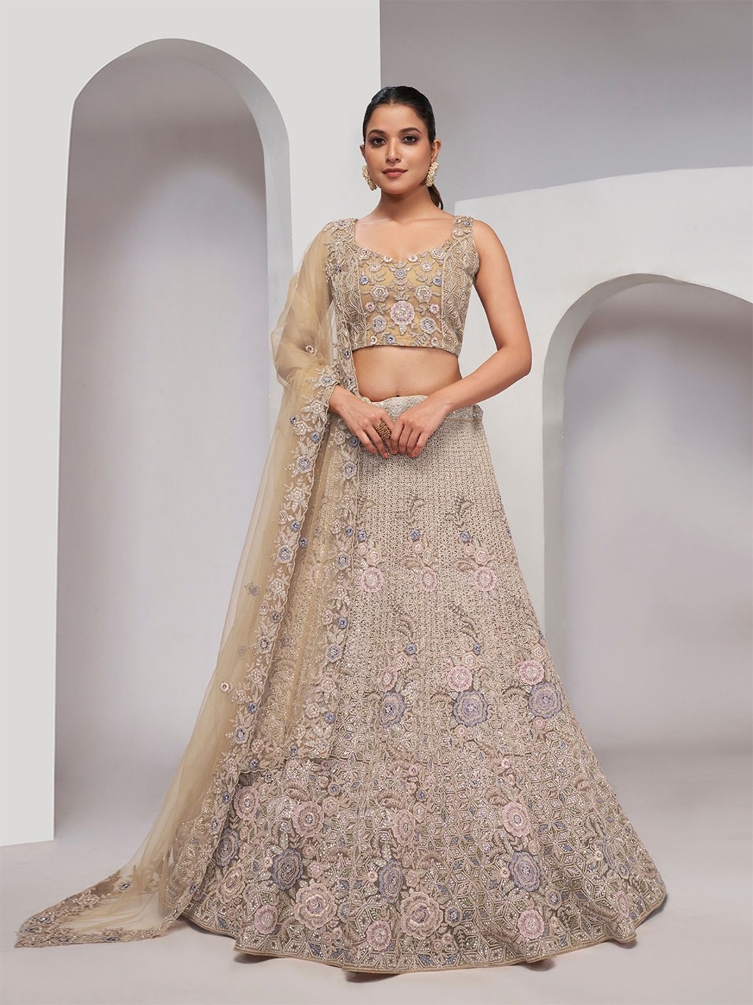 

ODETTE Embellished Beads and Stones Semi-Stitched Lehenga & Unstitched Blouse With Dupatta, Beige