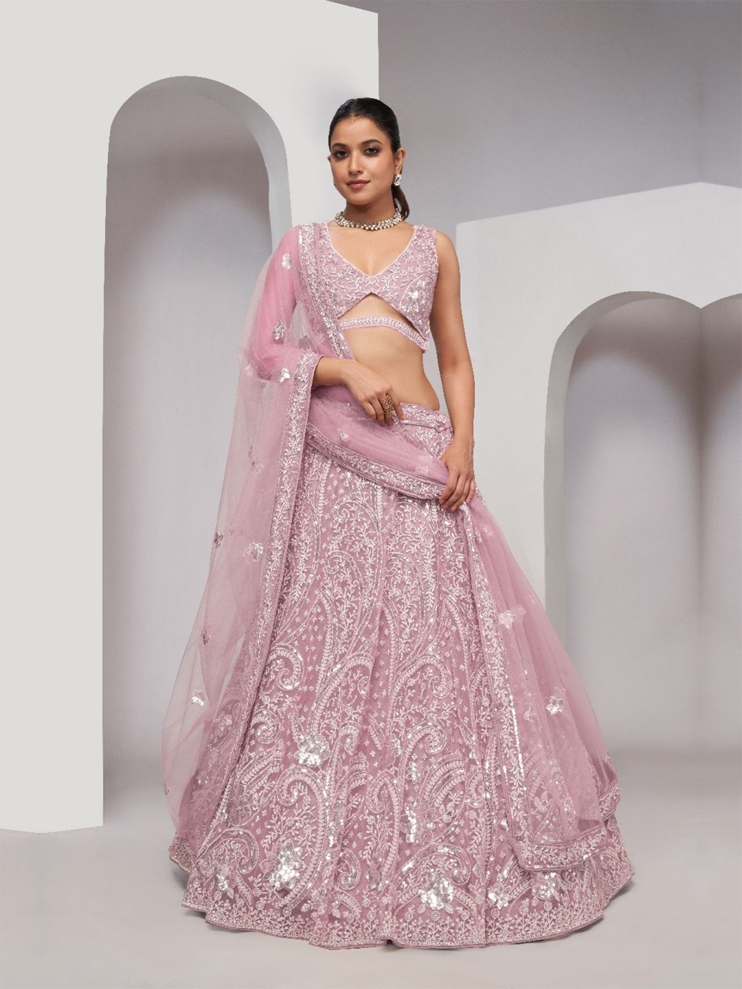 

ODETTE Embellished Sequinned Semi-Stitched Lehenga & Unstitched Blouse With Dupatta, Purple