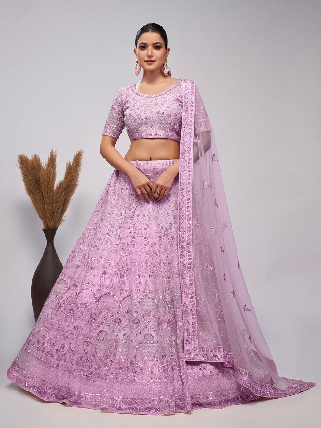 

ODETTE Embellished Sequinned Semi-Stitched Lehenga & Unstitched Blouse With Dupatta, Purple