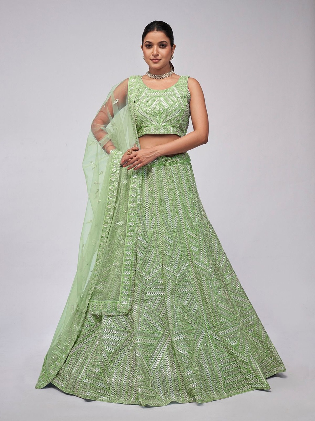 

ODETTE Embellished Sequinned Semi-Stitched Lehenga & Unstitched Blouse With Dupatta, Green