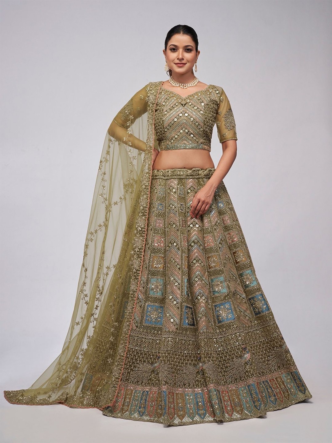 

ODETTE Embellished Beads and Stones Semi-Stitched Lehenga & Unstitched Blouse With Dupatta, Olive
