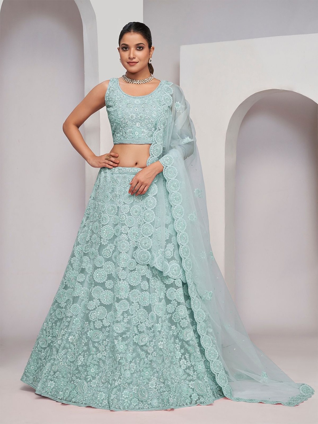 

ODETTE Embellished Sequinned Semi-Stitched Lehenga & Unstitched Blouse With Dupatta, Green