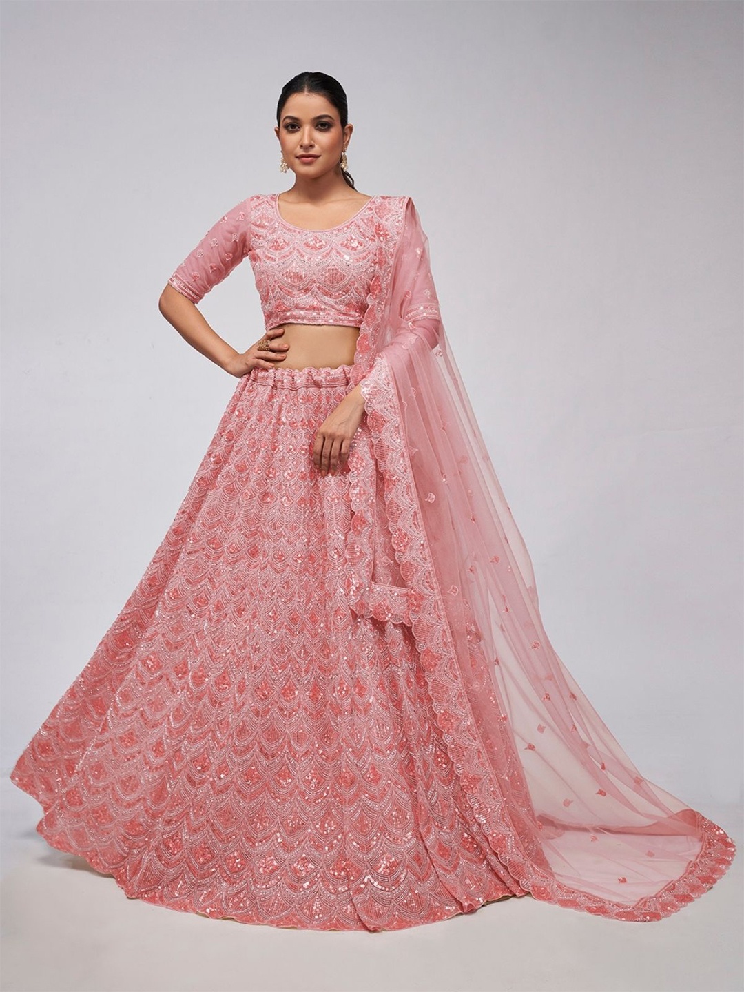 

ODETTE Embellished Sequinned Semi-Stitched Lehenga & Unstitched Blouse With Dupatta, Peach