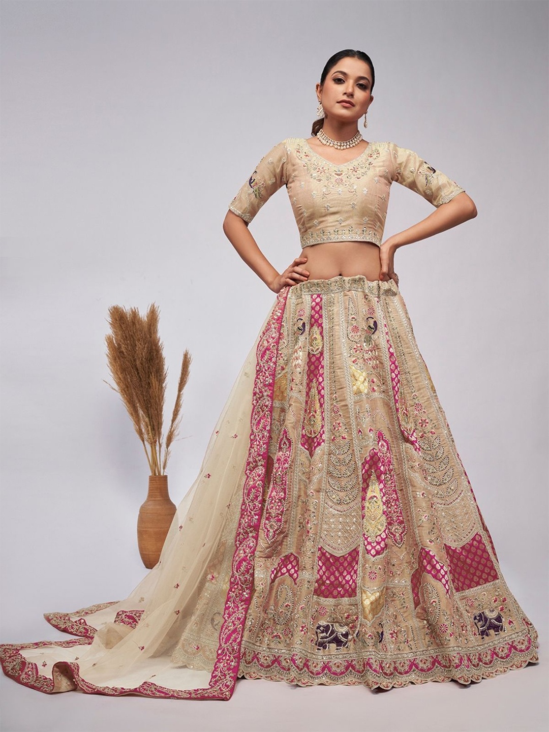 

ODETTE Embellished Beads and Stones Semi-Stitched Lehenga & Unstitched Blouse With Dupatta, Beige