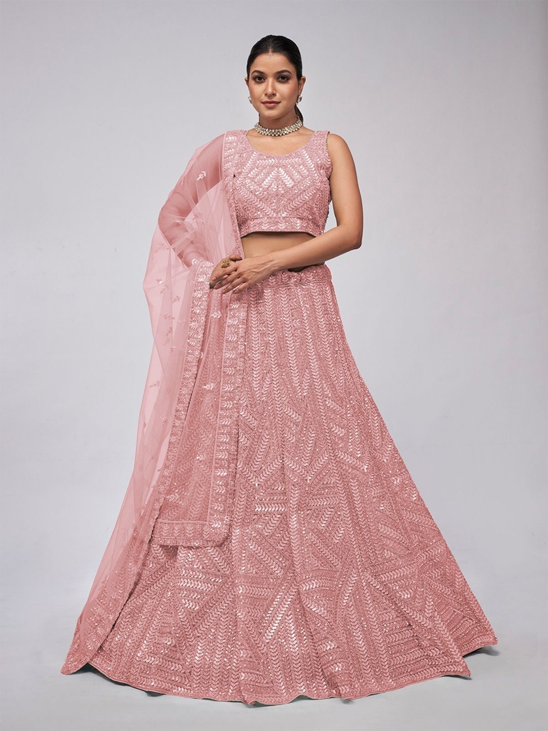 

ODETTE Embellished Sequinned Semi-Stitched Lehenga & Unstitched Blouse With Dupatta, Pink