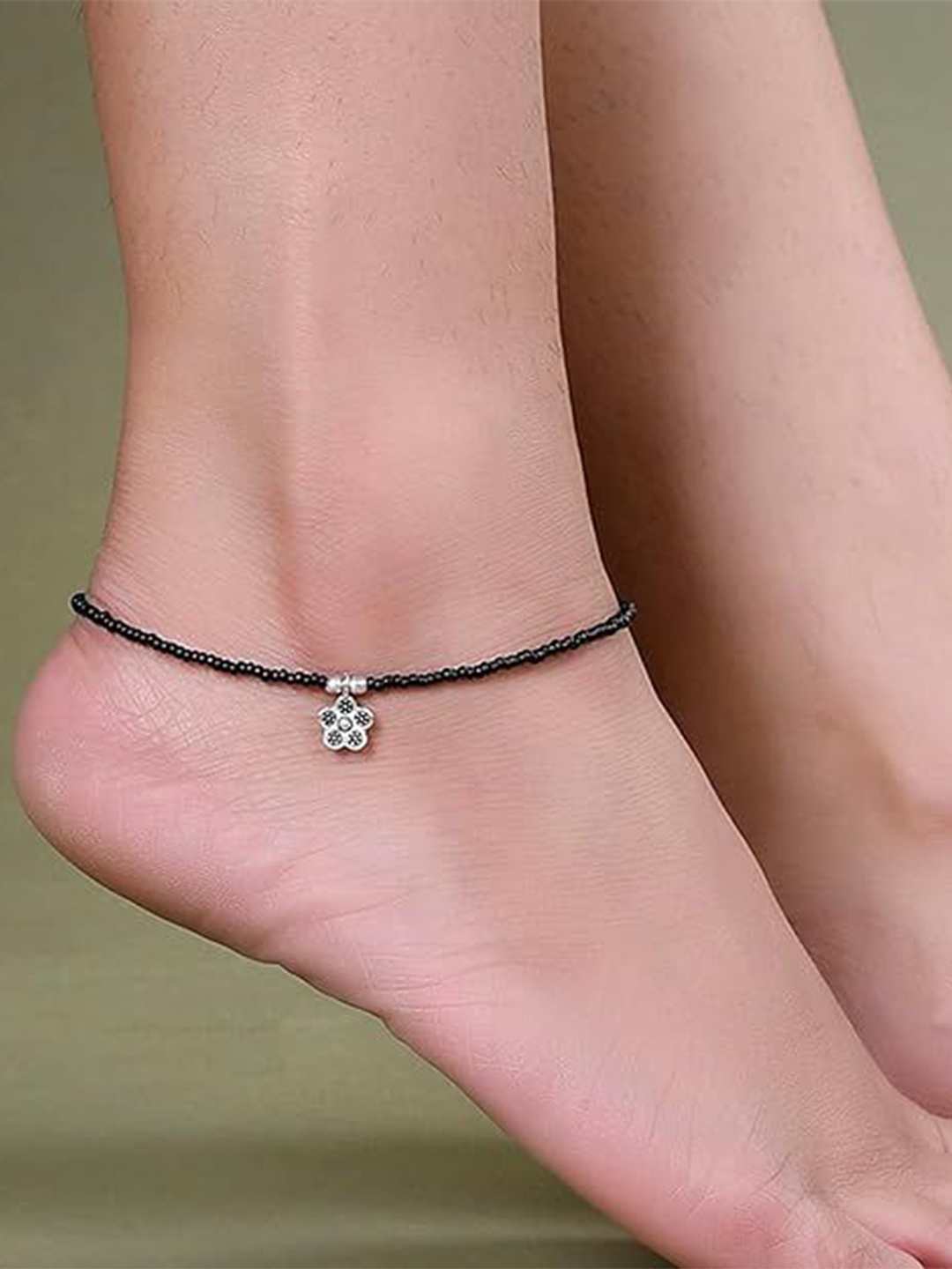 

Sanjog German Silver-Plated Beaded Charm Oxidized Thread Anklet, Black