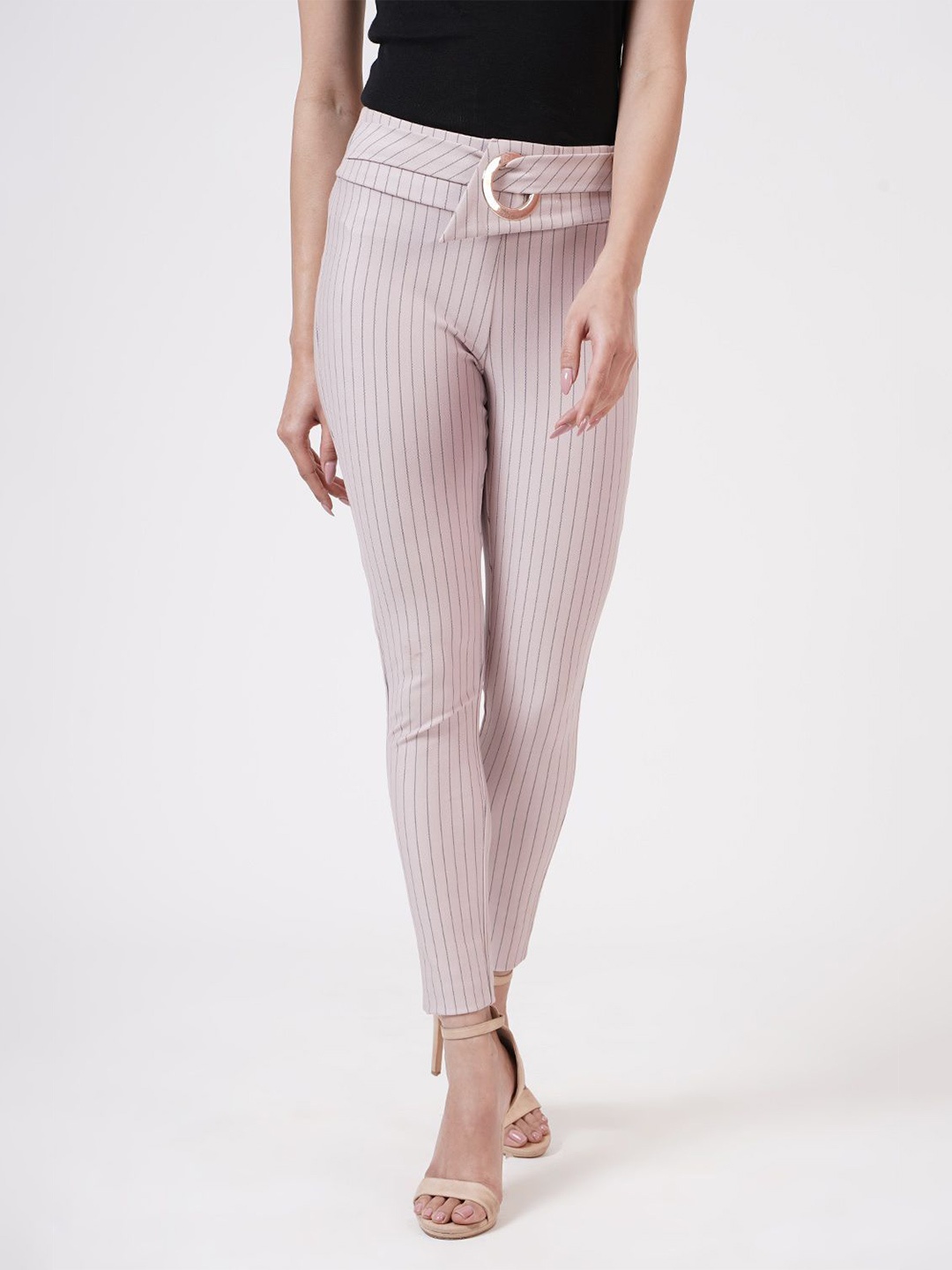 

SHECZZAR Women Skinny Fit Striped Jeggings, Peach