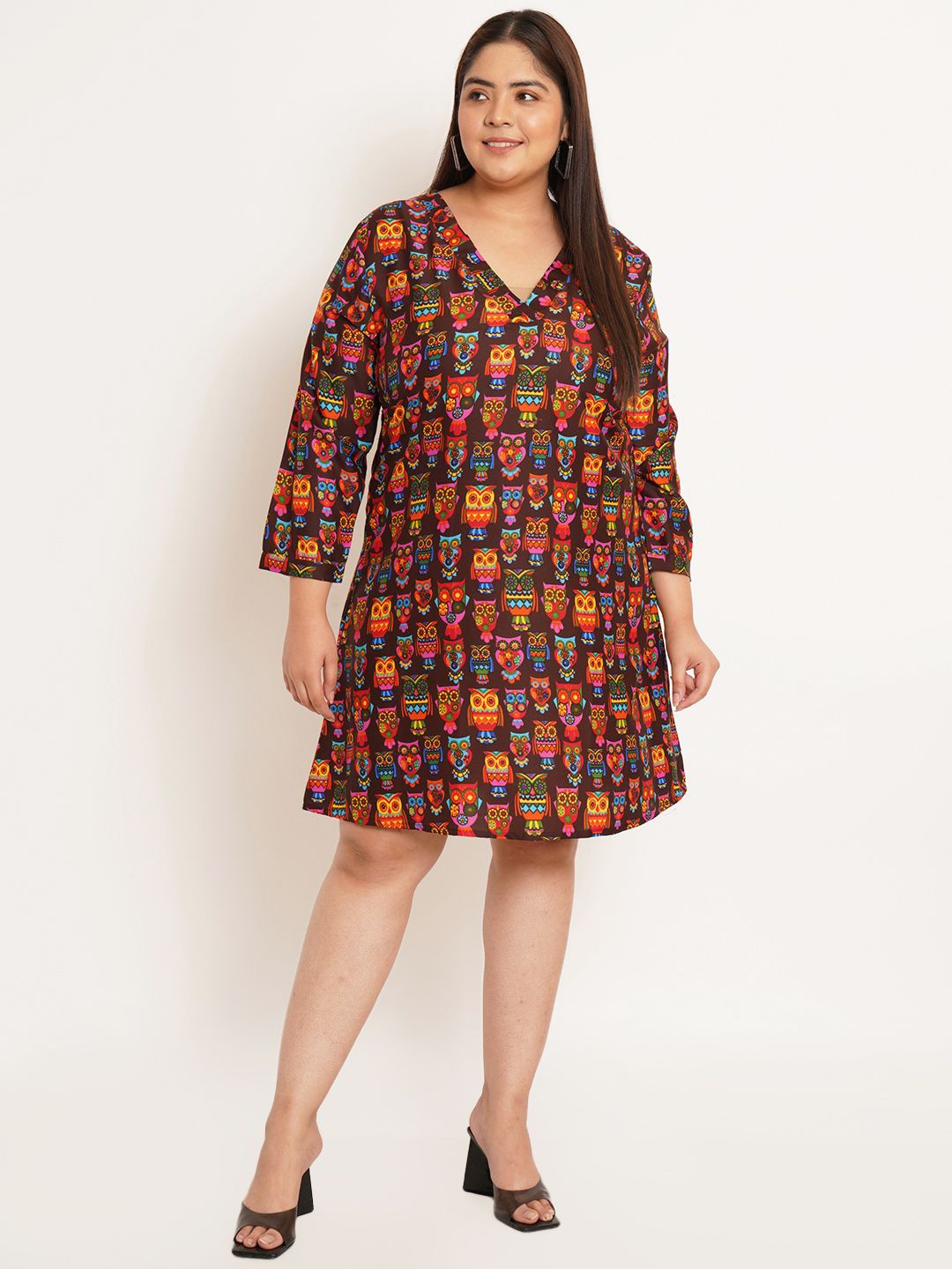 

U&F Beyond Floral Print Ruffled Crepe A-Line Dress, Brown