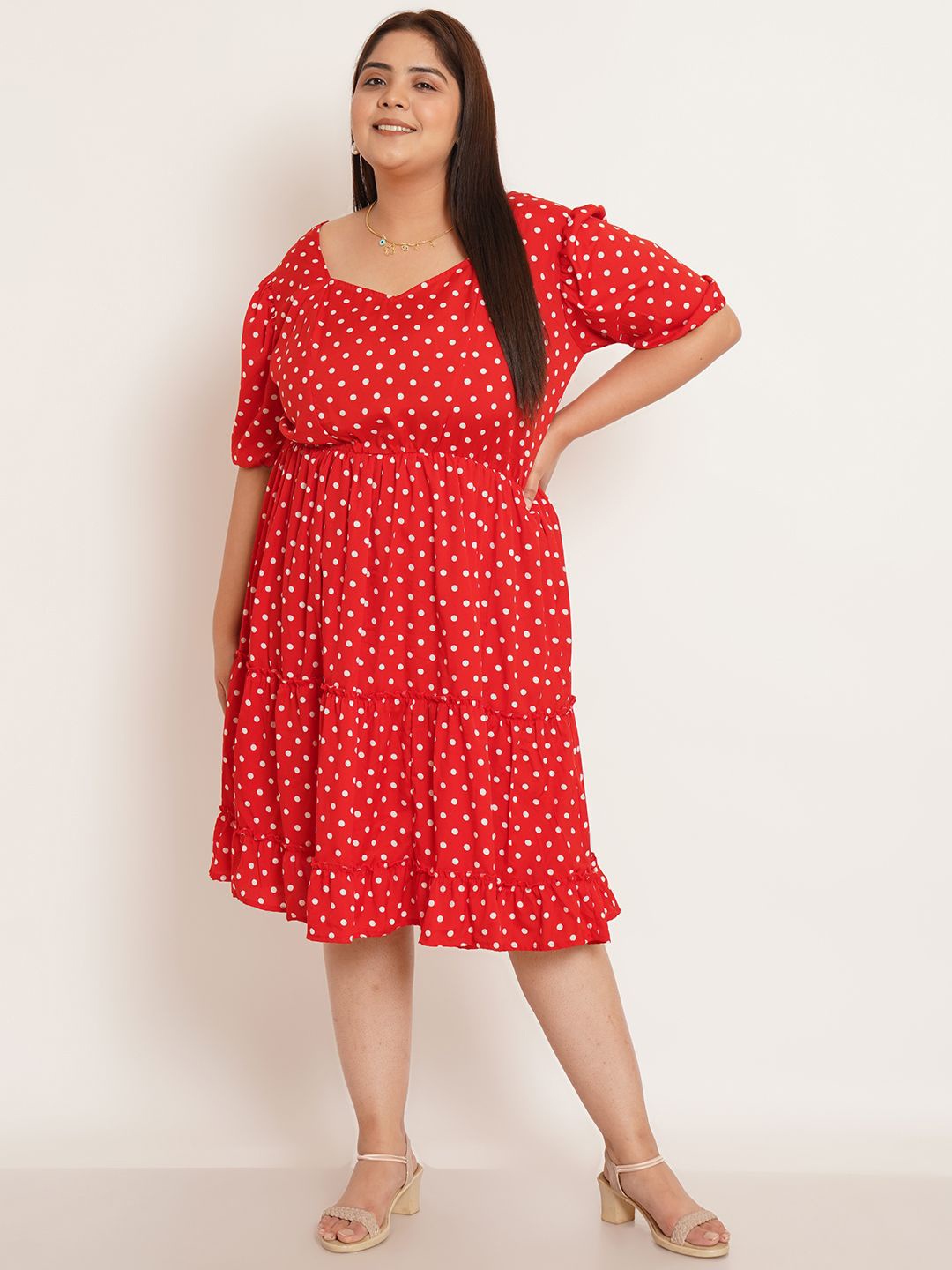 

U&F Beyond Polka Dot Print Cold-Shoulder Ruffled Crepe Fit & Flare Dress, Red