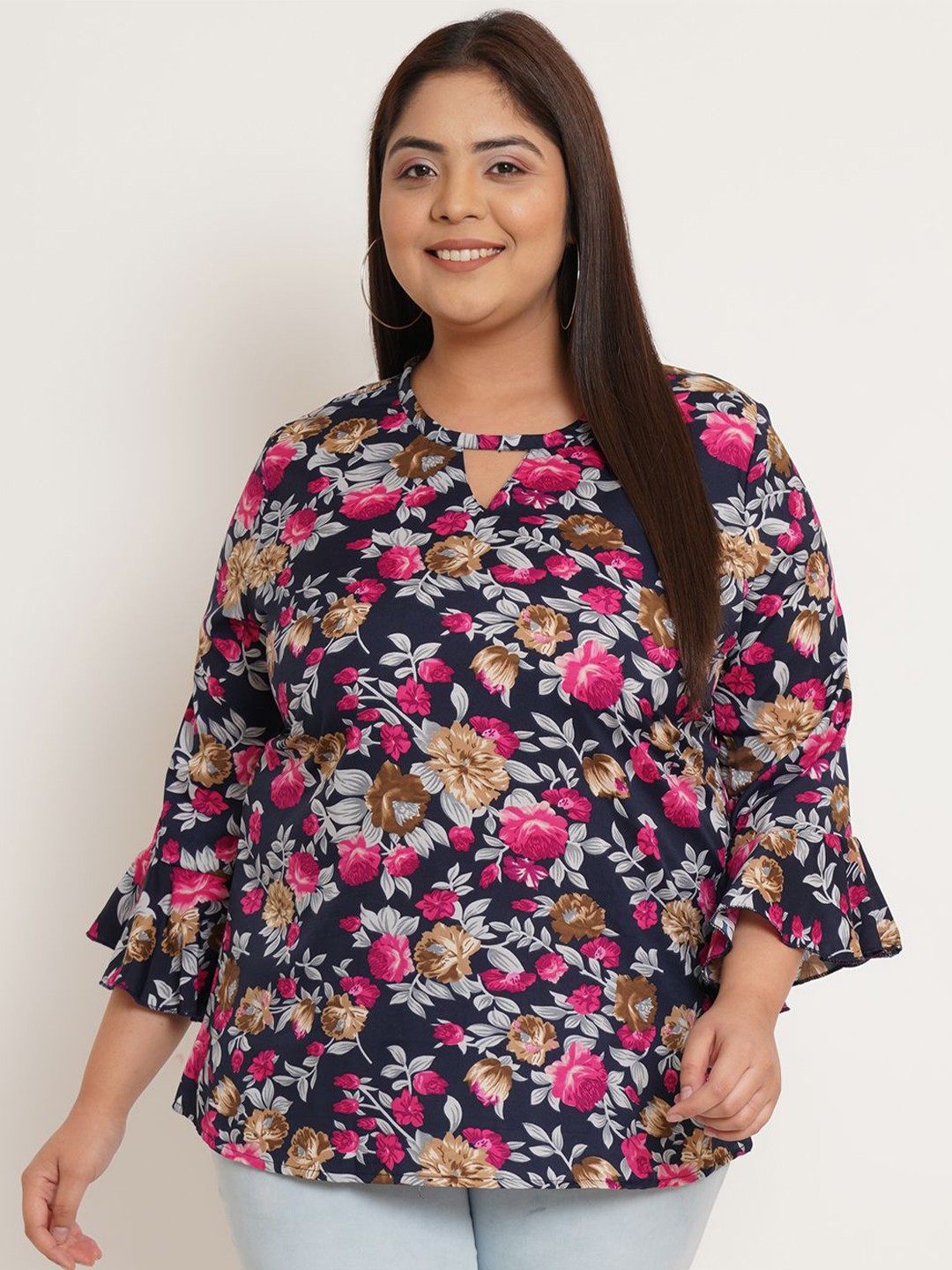 

U&F Beyond Floral Print Keyhole Neck Bell Sleeve Crepe Top, Blue