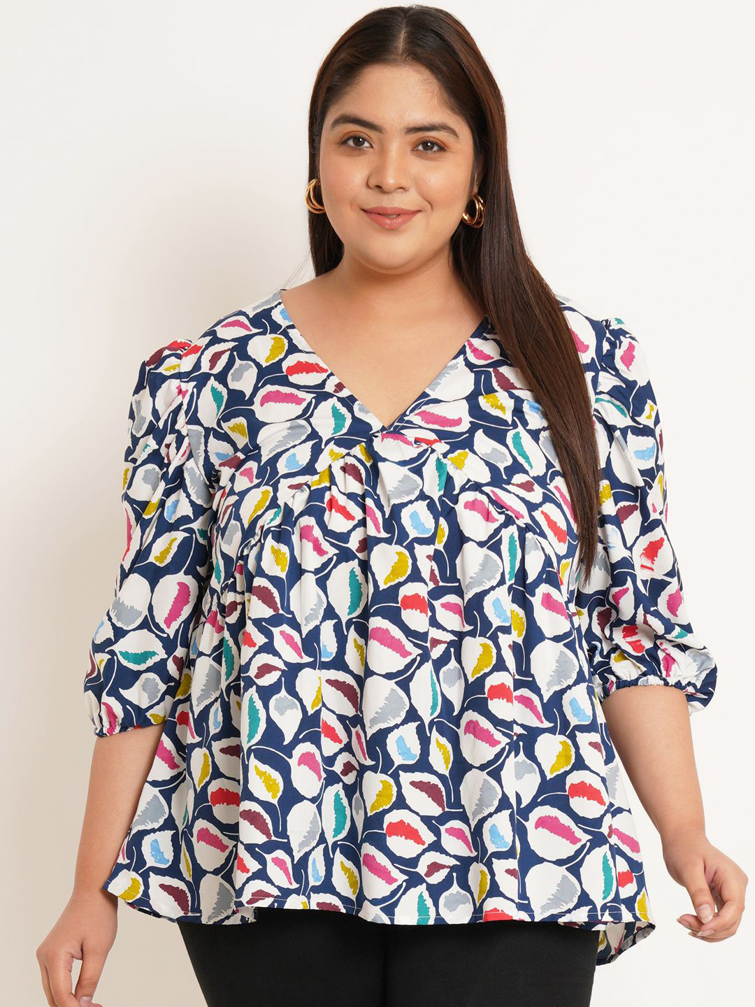 

U&F Beyond Geometric Print Puff Sleeve Crepe Top, Blue