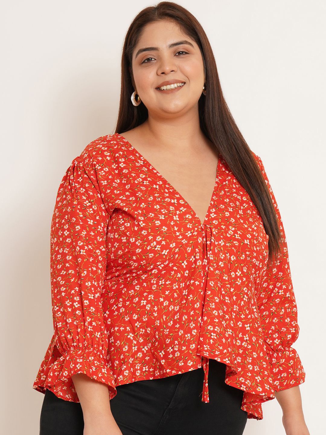 

U&F Beyond Floral Print Bell Sleeve Crepe Empire Top, Red