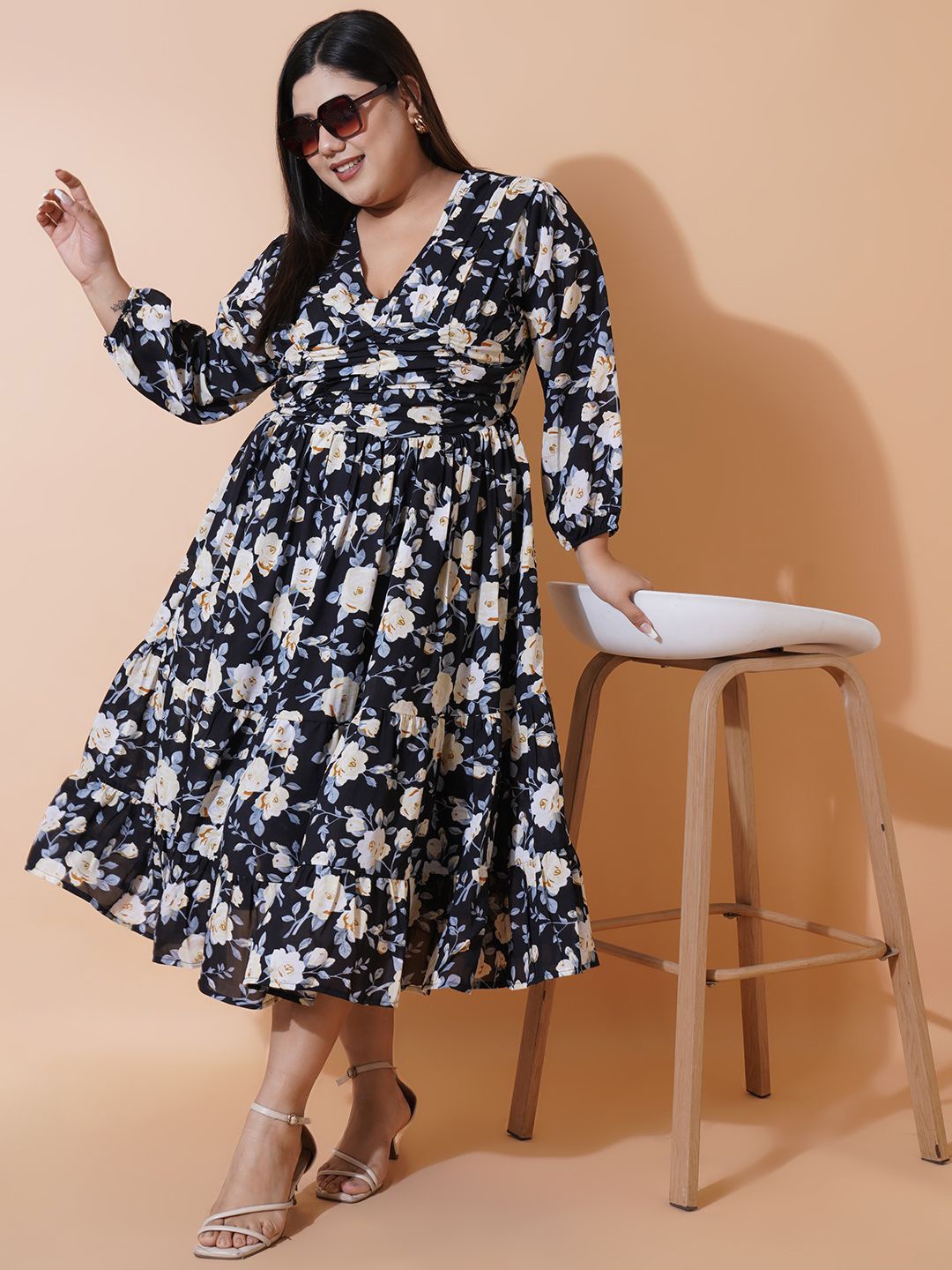 

U&F Beyond Floral Print Ruffled Georgette Empire Midi Dress, Black