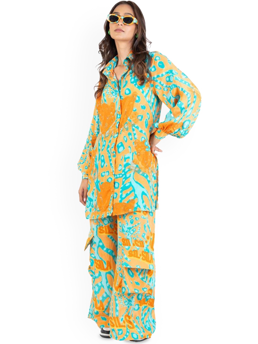 

SIL SILA Printed Long Sleeve Shirt & Trouser Co-Ords, Orange