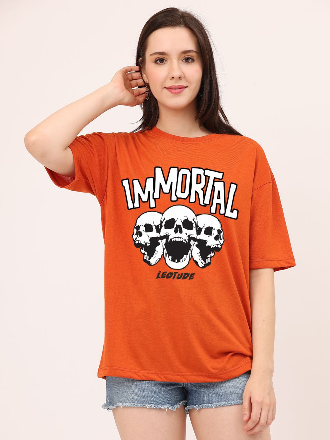 

Leotude Women Typography Printed Applique T-shirt, Orange