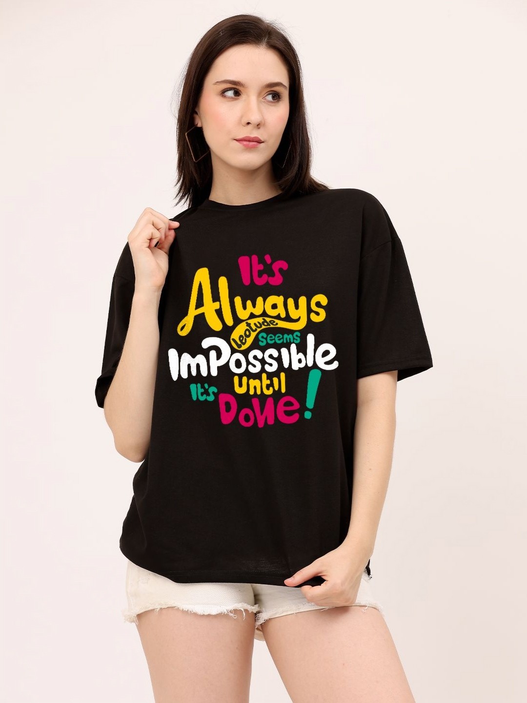 

Leotude Women Typography Printed Extended Sleeves Applique T-shirt, Black