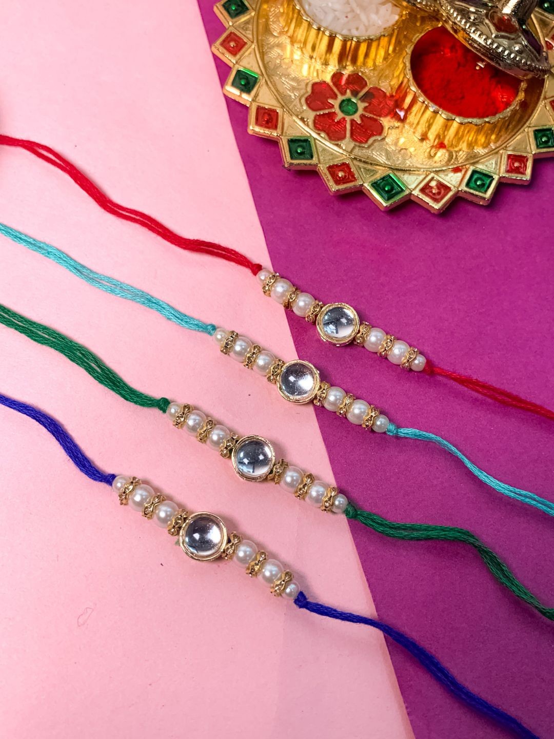 

I Jewels Set Of 4 Embellished Rakhi With Roli Chawal & Card, Multi