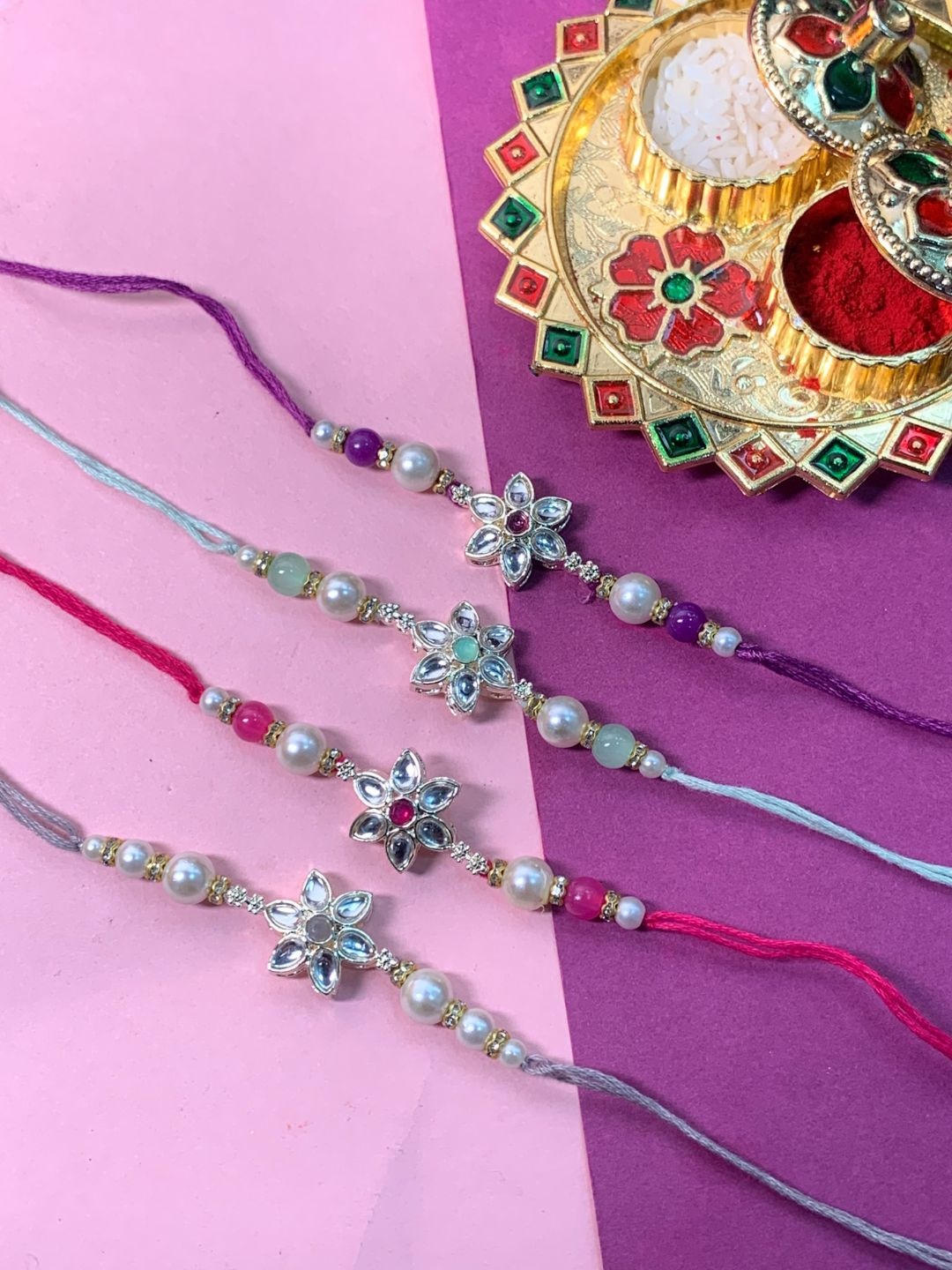 

I Jewels Set Of 4 Embellished Rakhi With Roli Chawal & Card, Multi