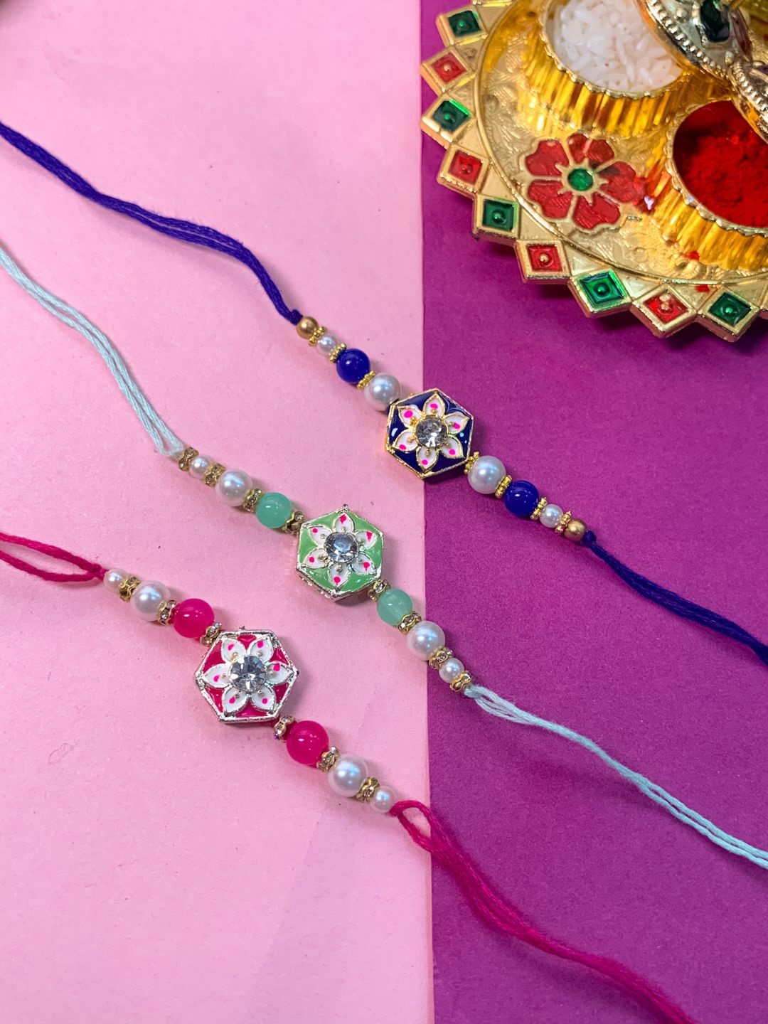 

I Jewels Set Of 3 Embellished Rakhi With Roli Chawal & Card, Multi