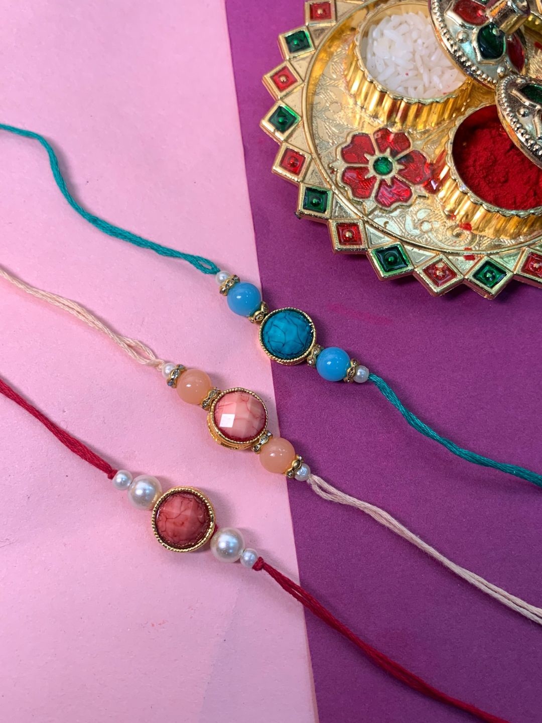 

I Jewels Set Of 3 Beaded Rakhi With Roli Chawal & Card, Multi