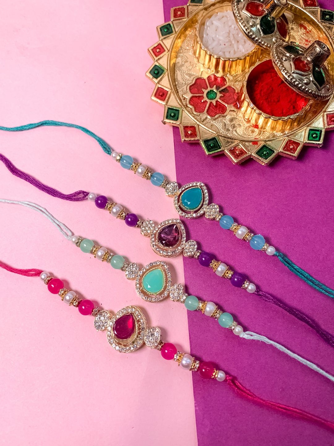 

I Jewels Set Of 4 Embellished Rakhi With Roli Chawal & Card, Multi