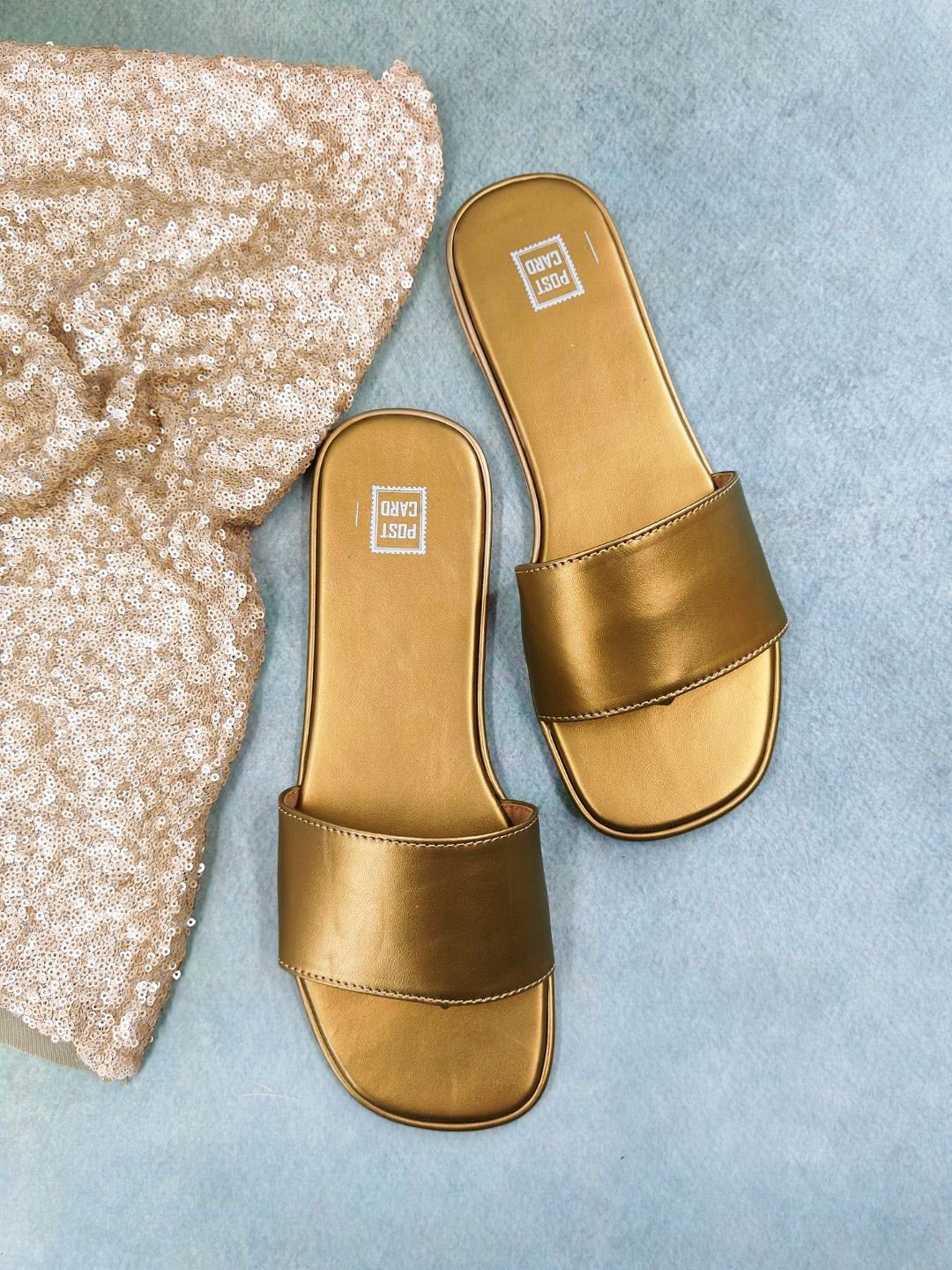 

POSTCARD Women Textured Open Toe Flats, Gold
