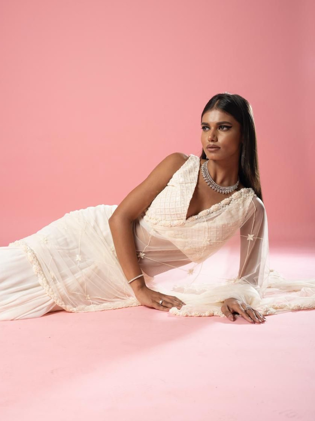 

Quench A Thirst Embellished Beads and Stones Pure Georgette Saree, Off white