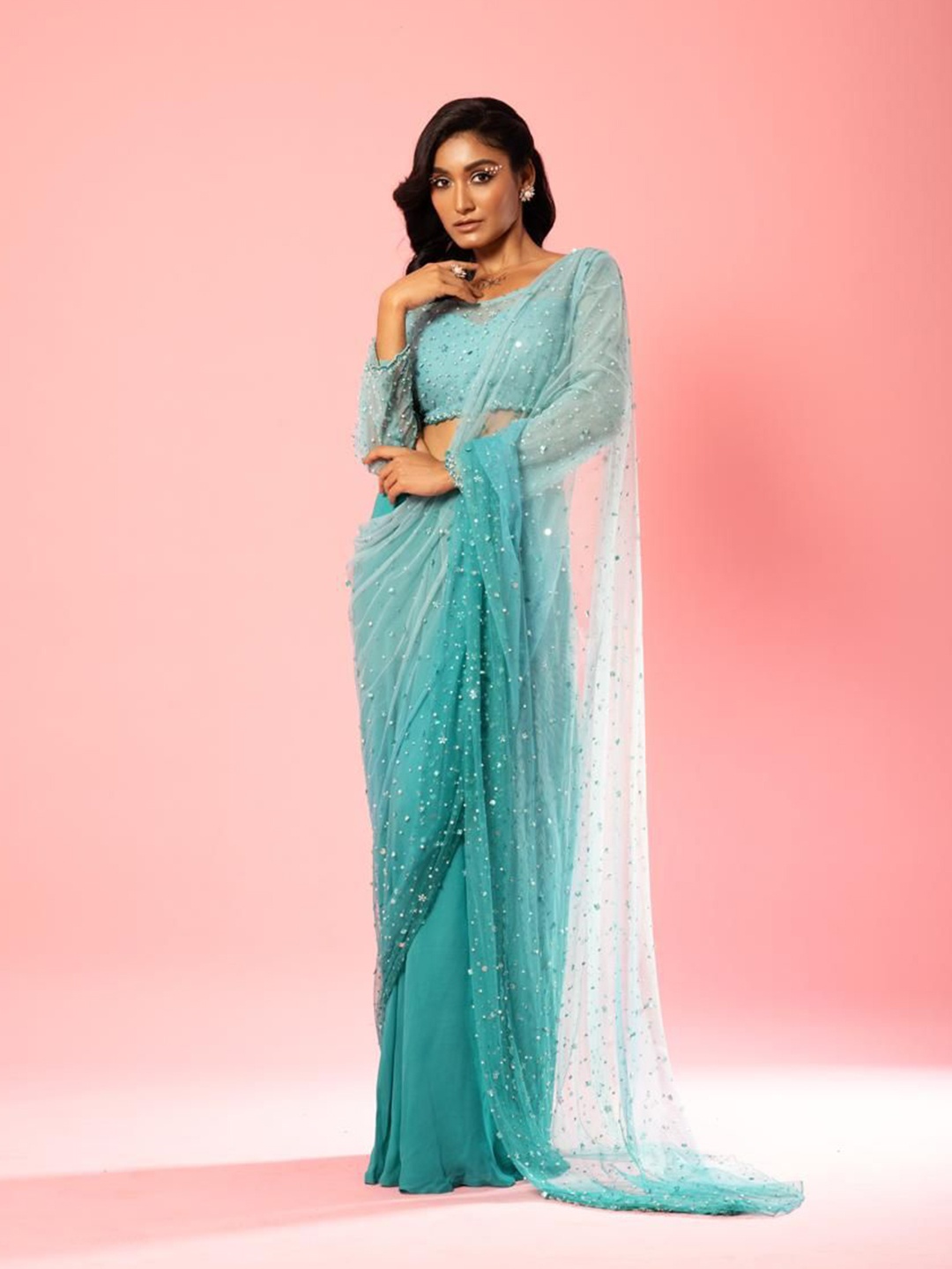 

Quench A Thirst Embellished Beads and Stones Pure Georgette Saree, Teal
