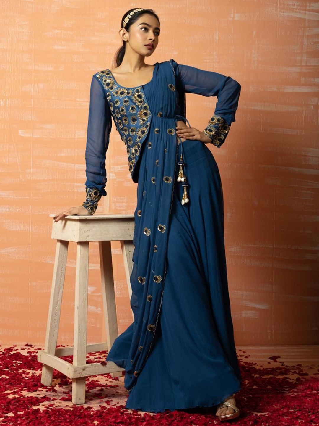 

Quench A Thirst Ethnic Motifs Zari Net Palazzo Saree, Blue