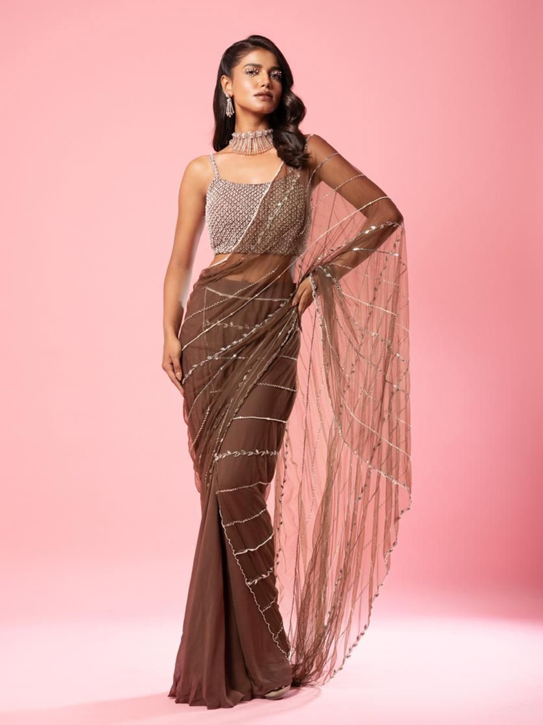 

Quench A Thirst Floral Beads and Stones Pure Georgette Saree, Coffee brown